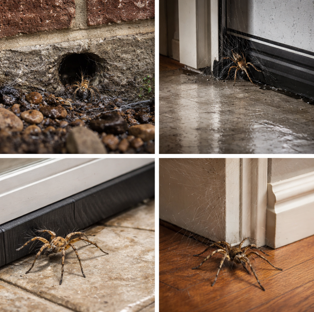 rain-soaked house foundation with spider web near door gap
