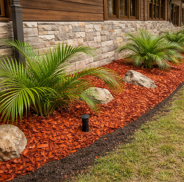 mulch bed against foundation with palm fronds and water