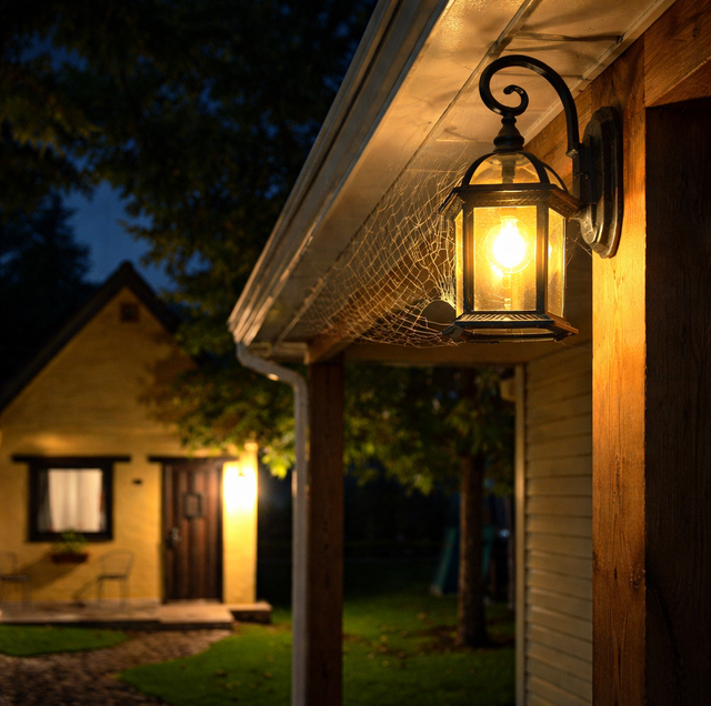 yellow porch bulb glowing above empty web-free doorway