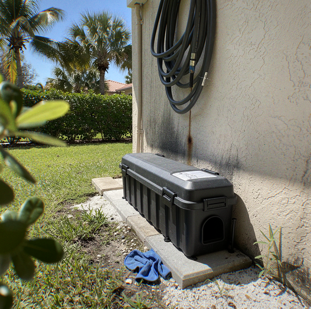 A black box on a concrete slab beside a stucco wall with a coiled hose, near grass, shrubs, palm trees and a blue cloth.