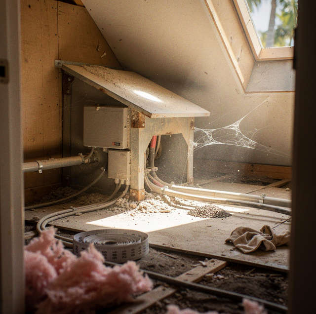 Dusty attic space with wooden beams, pipes, metal ducts, and pink insulation under a skylight window.