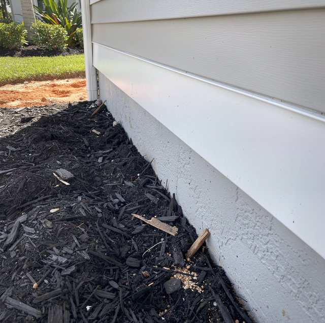 technician inspecting wasp nest under home eave