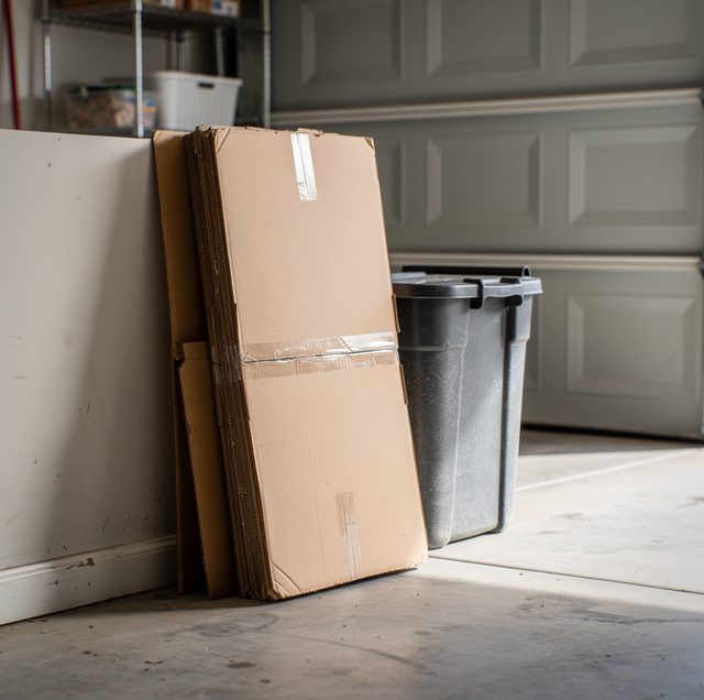 Cardboard and wooden boards lean against a garage wall next to trash cans and storage containers.