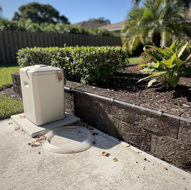 White container and coiled hose sit on concrete beside a raised garden bed with plants and mulch.