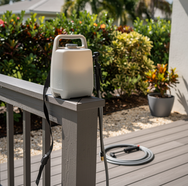 mosquito control technician spraying suburban South Florida yard