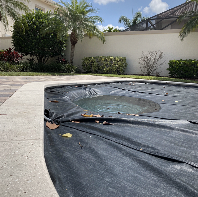 Folded pool cover atop drained deck near equipment