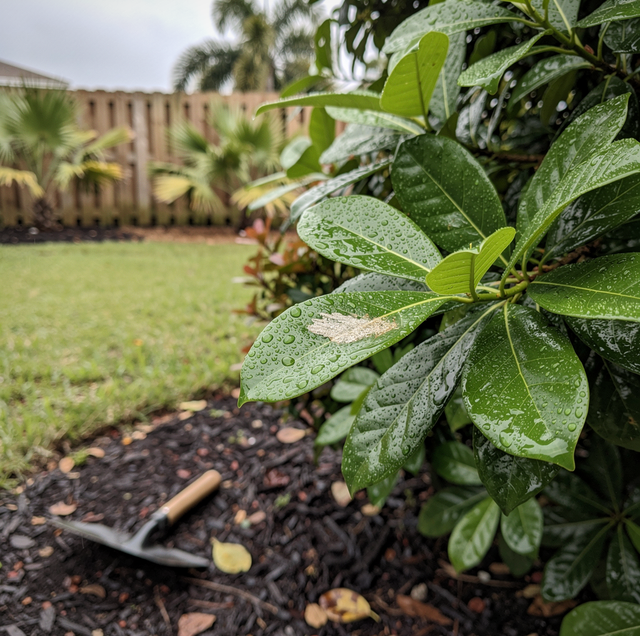 Wet green leaves with droplets in a garden with fence, grass, and palm trees in background.