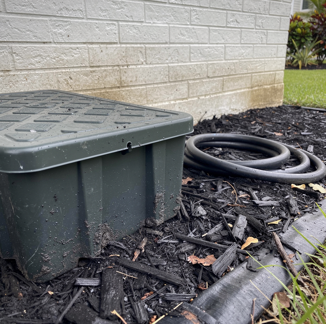 A green plastic container and coiled black hose sit in mulch next to a brick wall with grass visible.