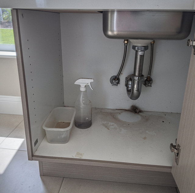 leaking kitchen pipe dripping onto damp plywood cabinet floor