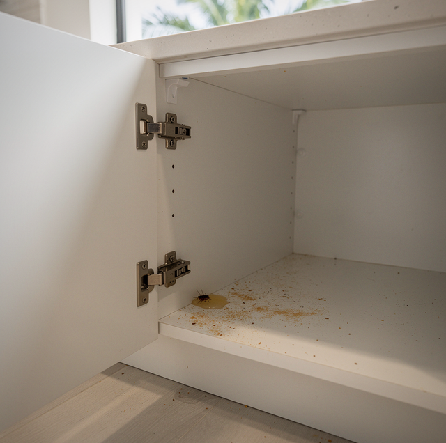 gloved exterminator placing gel bait inside kitchen cabinet