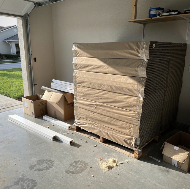 A wrapped pallet with cardboard boxes sits on the garage floor near an open garage door.