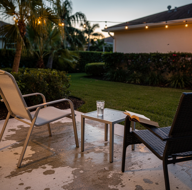 Two patio chairs and a small table with a glass sit on a concrete patio overlooking a lawn with palm trees and hedges near a