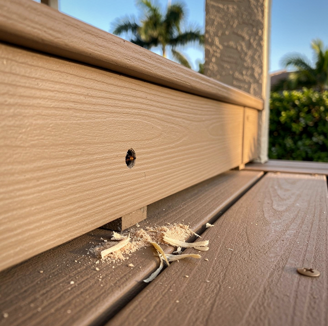carpenter bee hovering beside wooden porch post