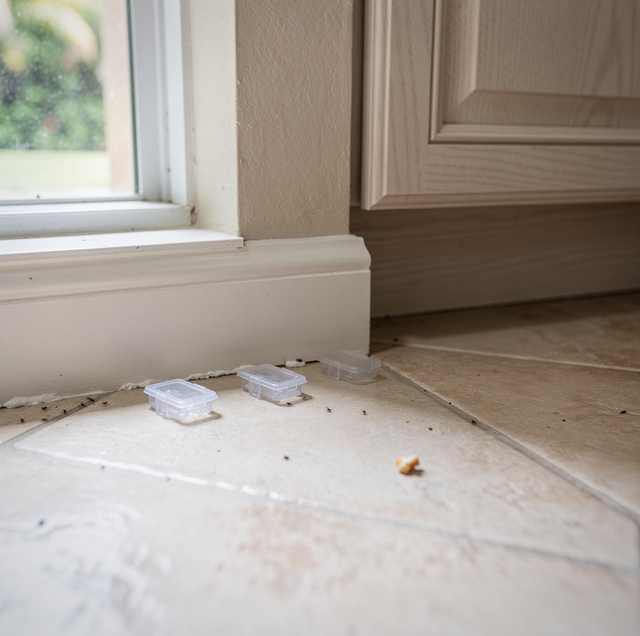 Small plastic containers and crumbs on wooden floor near window and door in interior room.