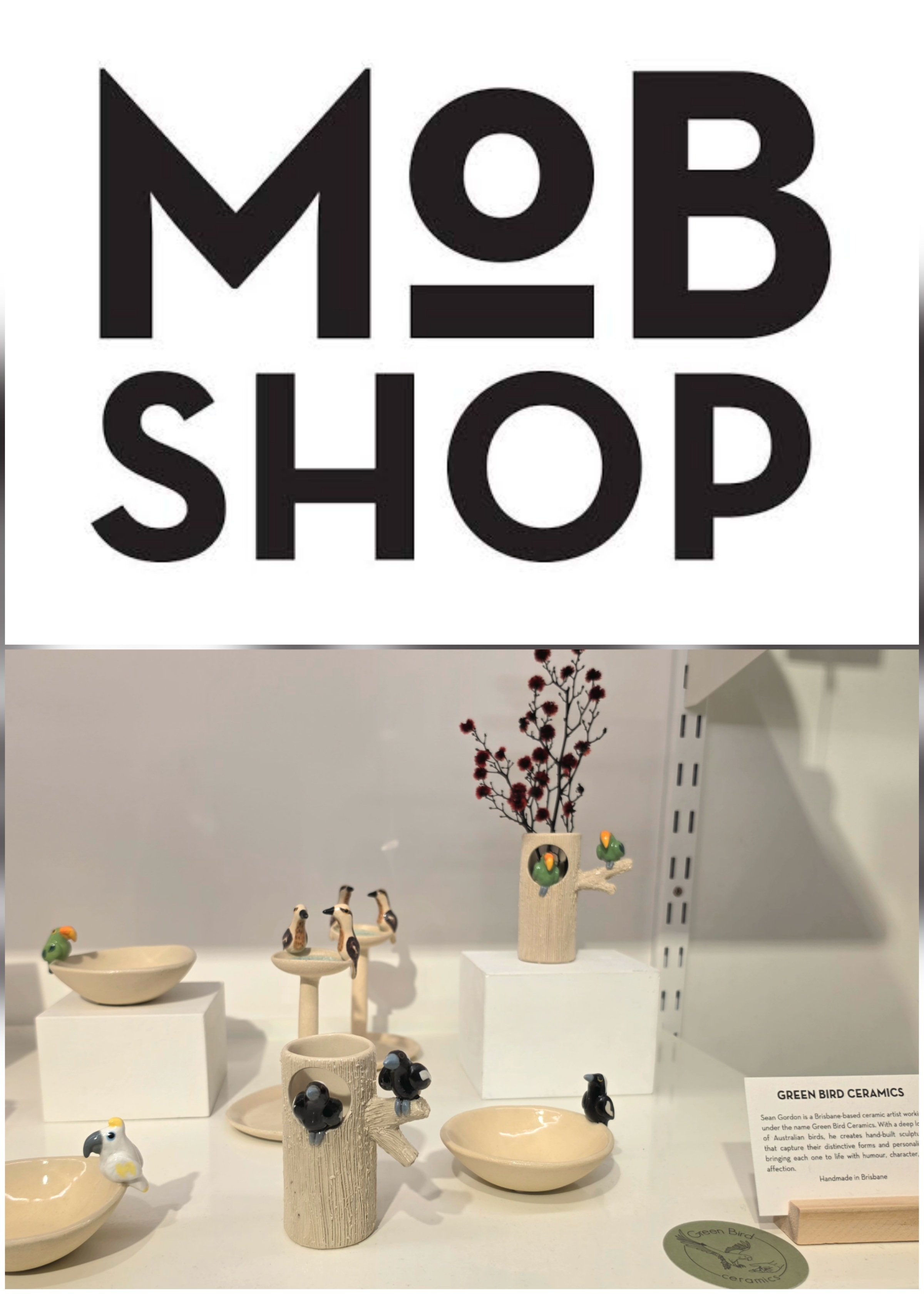 A photograph of Green Bird Ceramics products such as parrot and bird vases, planters, key chains, sculptures, plant stakes and other ceramic art gifts stocked on a shelf at Mob Shop at Museum of Brisbane.