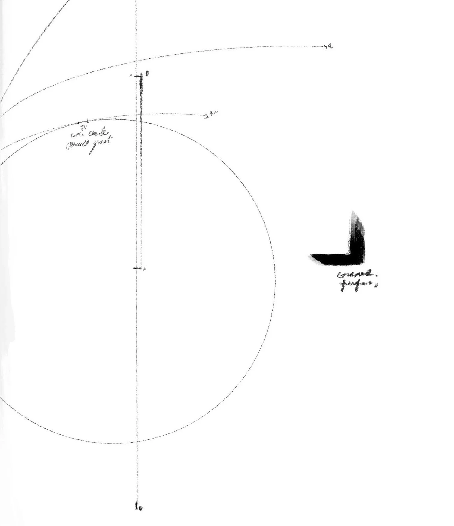 Skitse af en cirkel med markerede mål og tekst, der beskriver geometrisk opstilling. Der er også en sort lakeret figur med teksten 'dunk, første'.