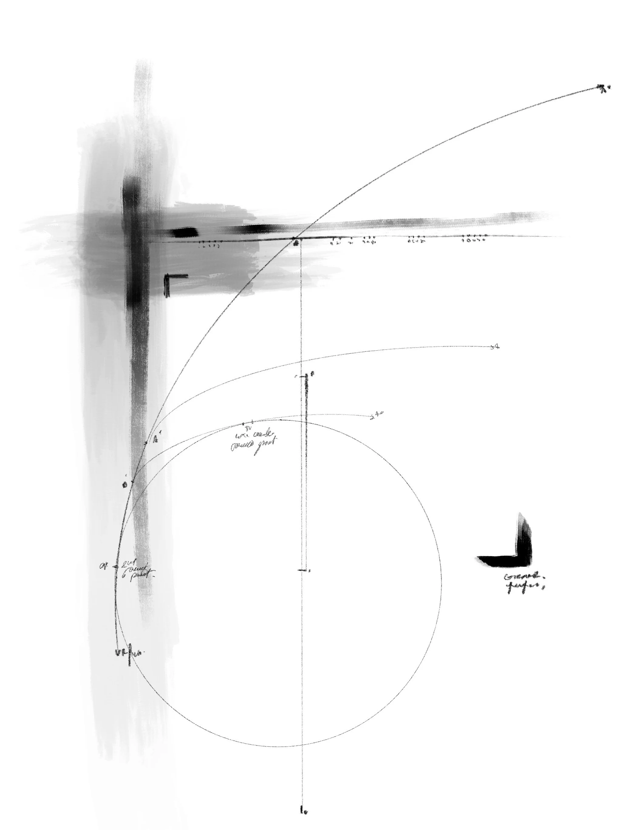 En sort-hvid skitse med geometriske linjer og cirkler samt nogle markerede punkter og kommentarer på dansk.