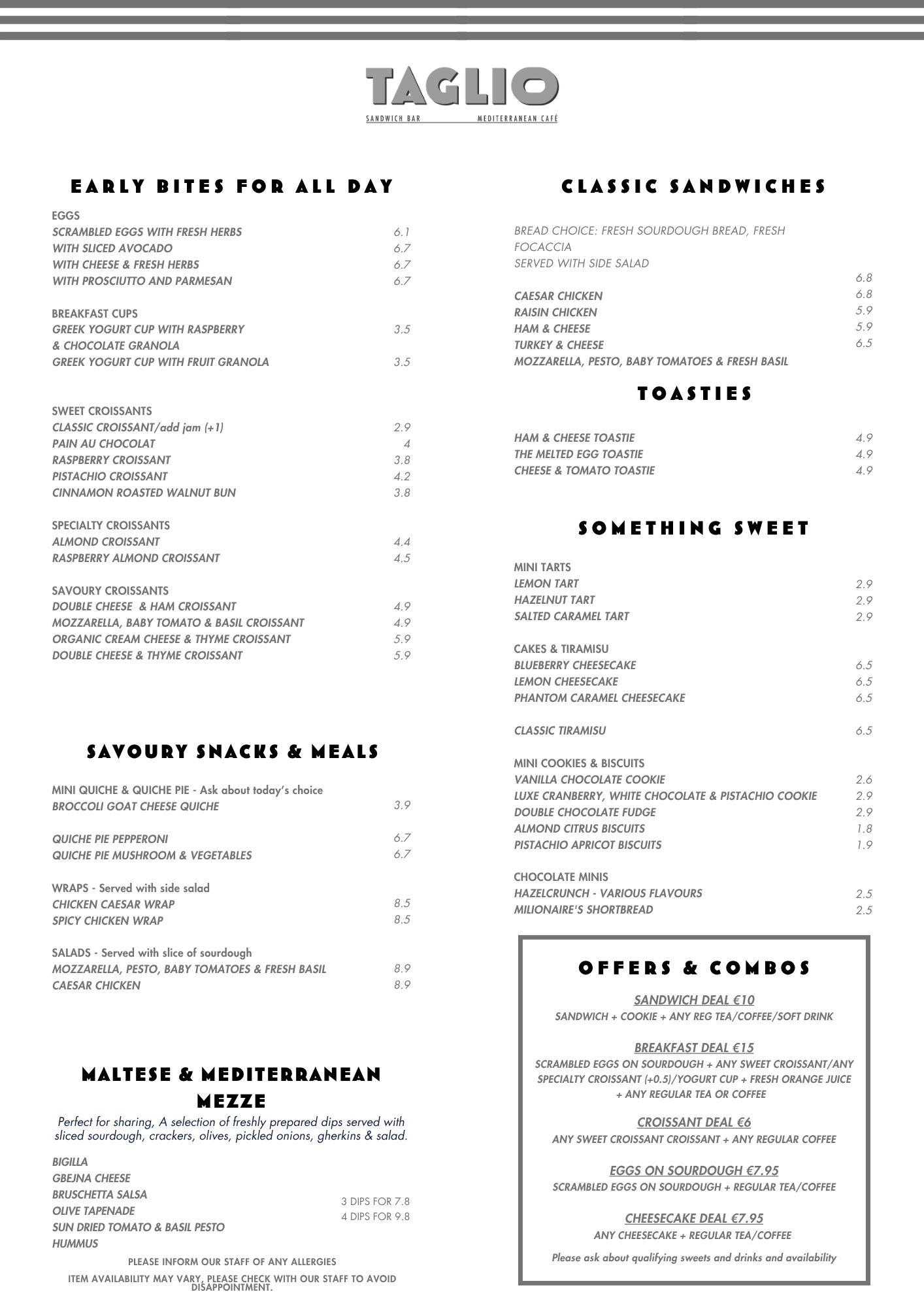 Menu from a Mediterranean café featuring sections for early bites, classic sandwiches, savory snacks, Maltese and Mediterranean mezze, toasts, and sweet treats, with prices listed.