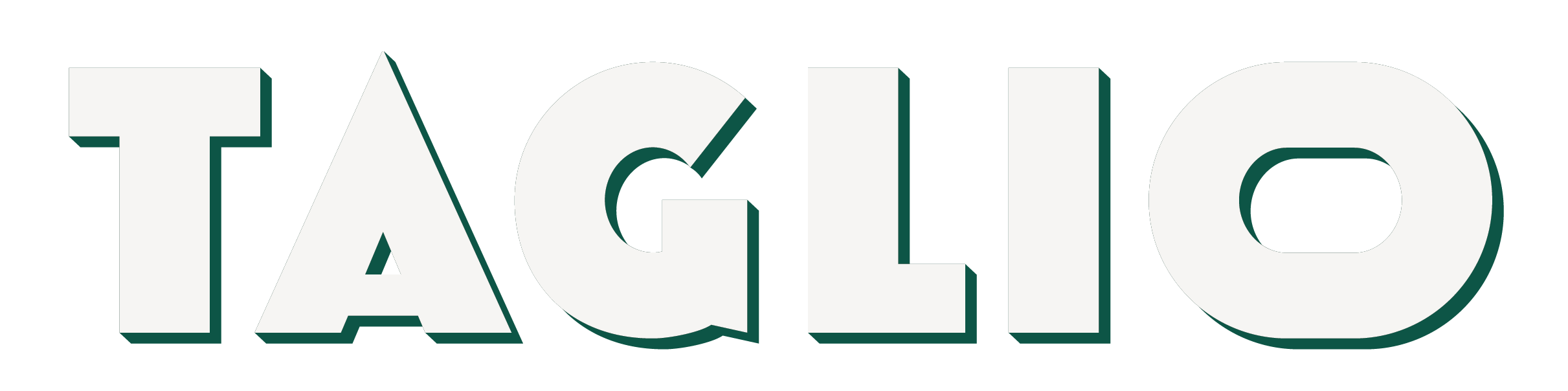 The word 'TAGLIO' written in large, bold, white letters with a black outline on a black background. Logo.
