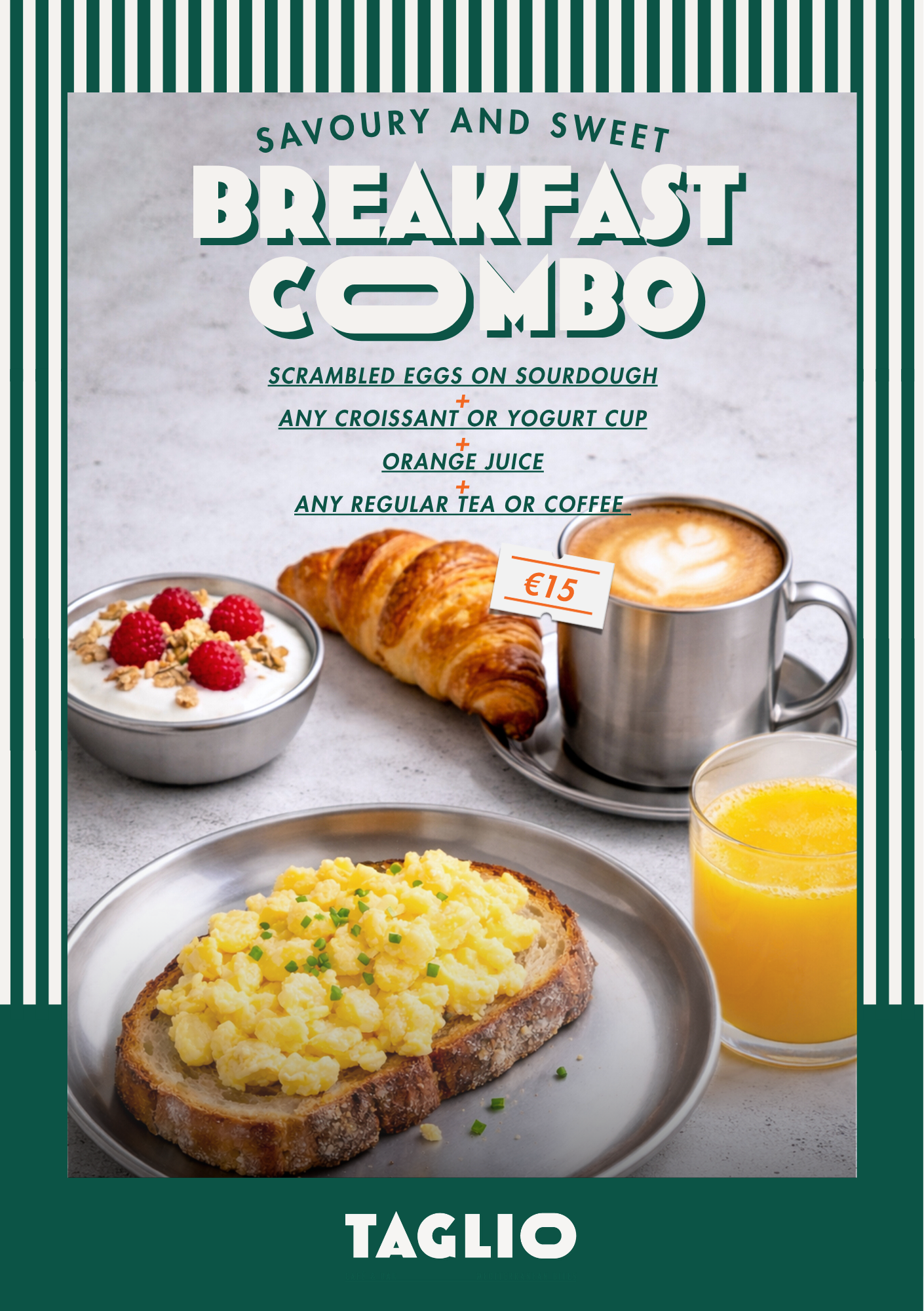 A breakfast menu featuring scrambled eggs on toast, a croissant with a scrambled egg, a cup of coffee, a glass of orange juice, and a bowl of yogurt with raspberries and granola.