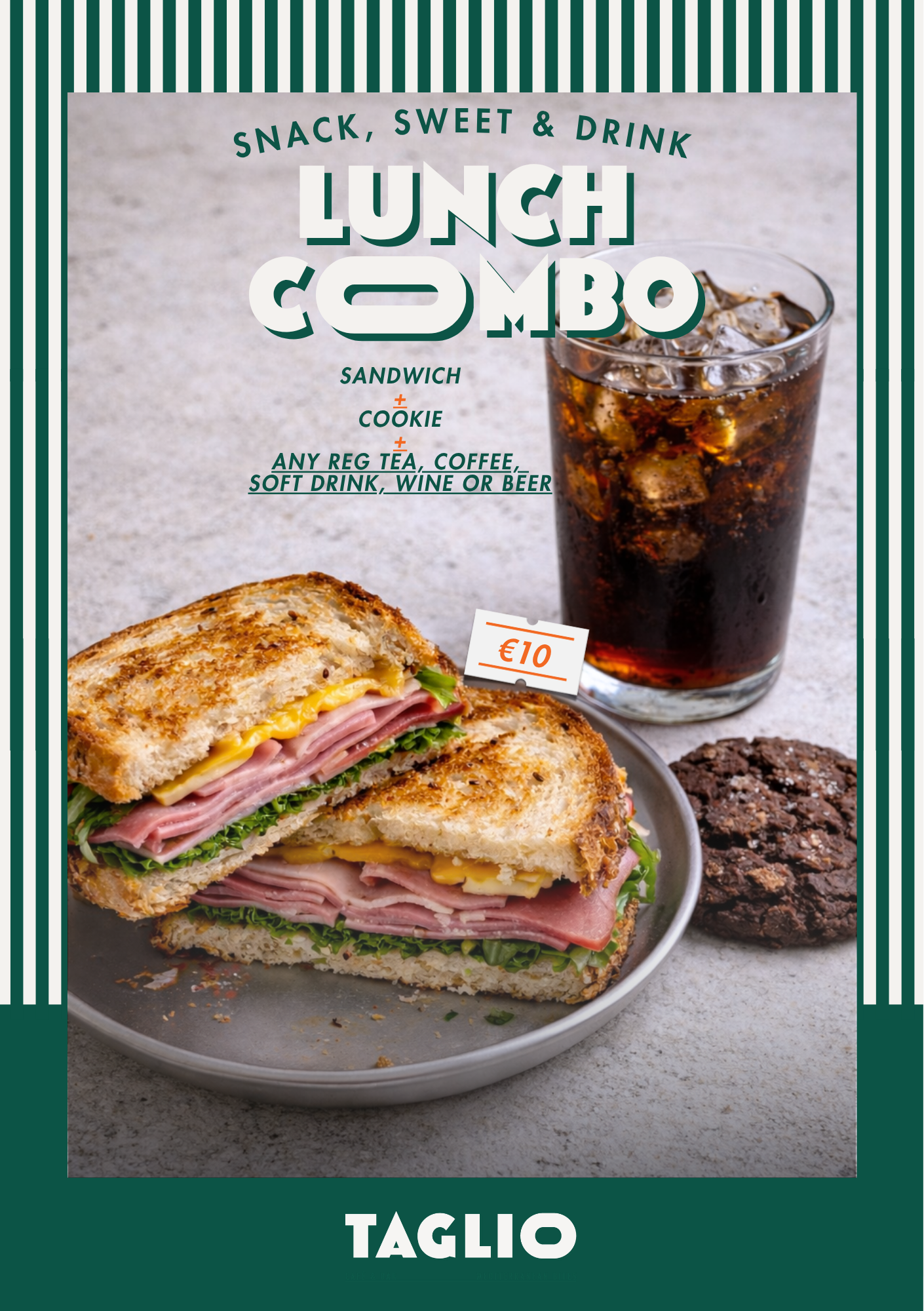 A promotional poster for a lunch combo deal featuring a sandwich with ham, cheese, and lettuce, a cookie, and a soft drink with ice, priced at €10.