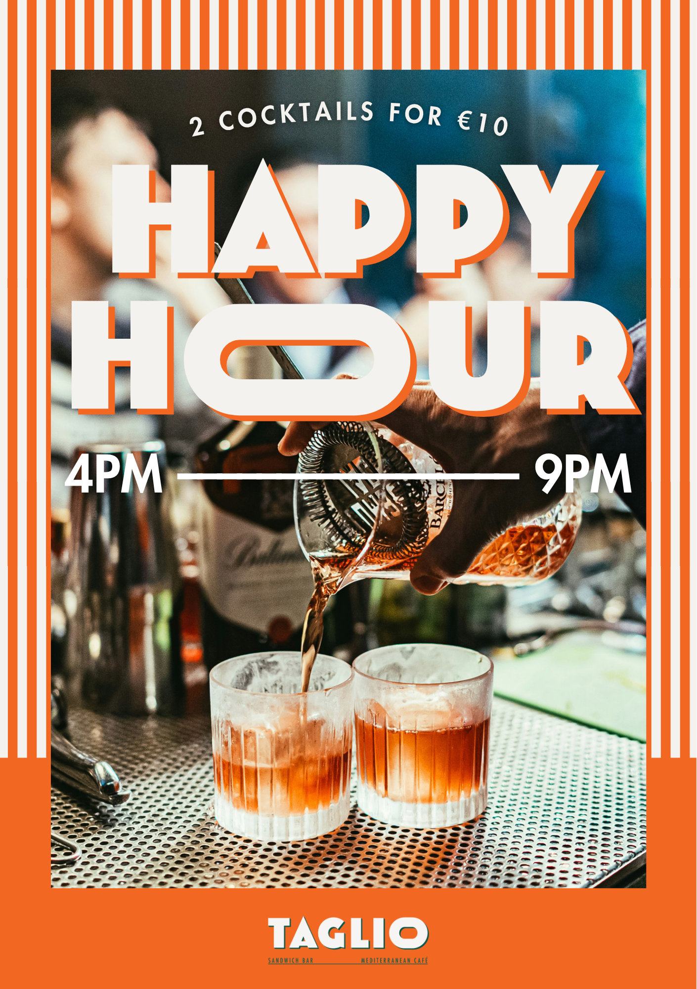 Two glasses with orange-colored cocktails on a metal bar counter, with a bartender pouring more of the same drink. The background is blurred with people and bar equipment visible.
