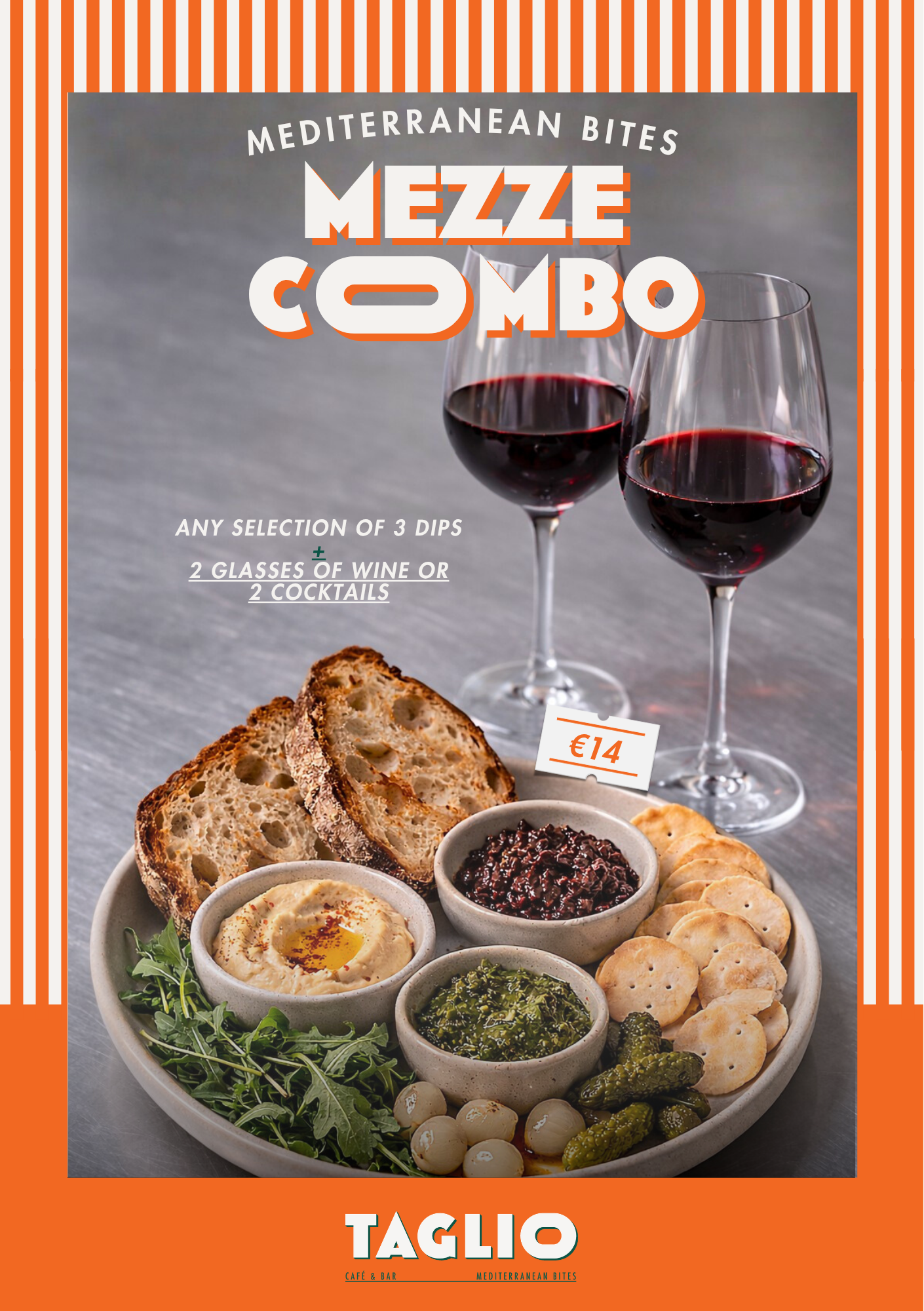 A menu for Taglio, a Mediterranean bites cafe and bar, featuring a spread of various dips, bread, and pickles with two glasses of red wine. The menu price is €14.