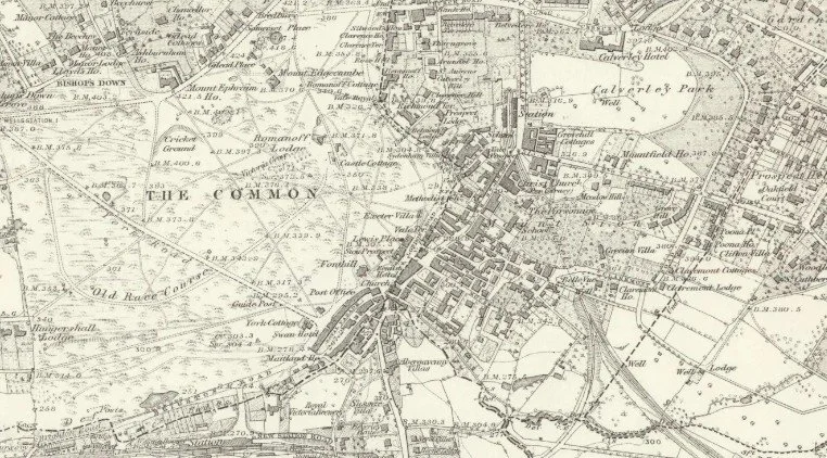 Historical map showing the layout of Tubridge Wells, including Calverley's Park, Mount Ephesus, and Bishop's Town.