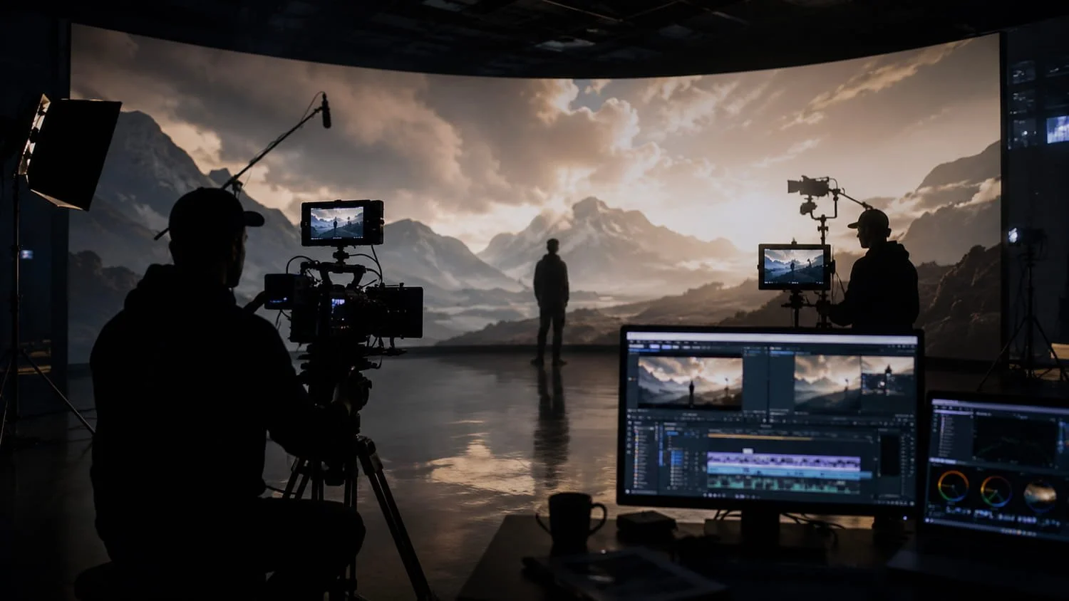 Behind-the-scenes of a video production studio with a scenic mountain landscape being filmed, featuring camera operators, lighting, and monitors.
