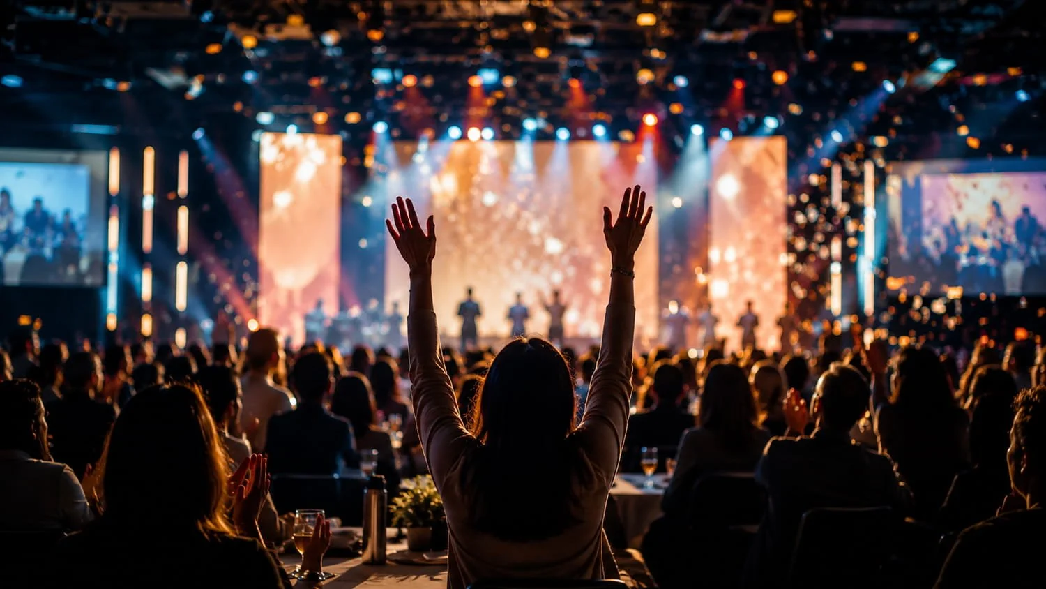 Audience at a concert or event with several people facing a stage with bright colorful lights and screens, one person in the foreground with arms raised.