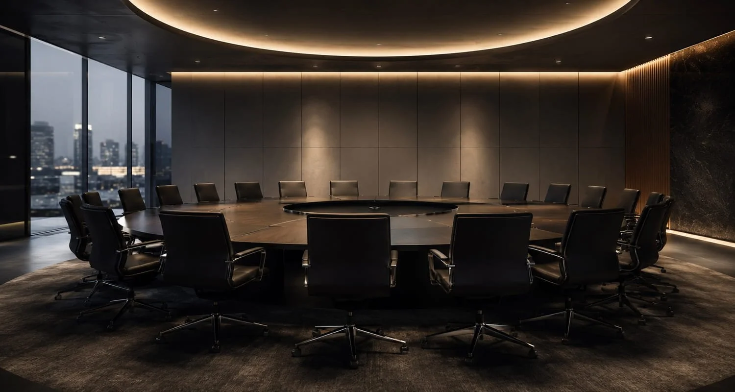 Empty modern conference room with a large round table surrounded by black leather chairs, large windows with city view, dark ceiling with circular light, and minimalist decor.