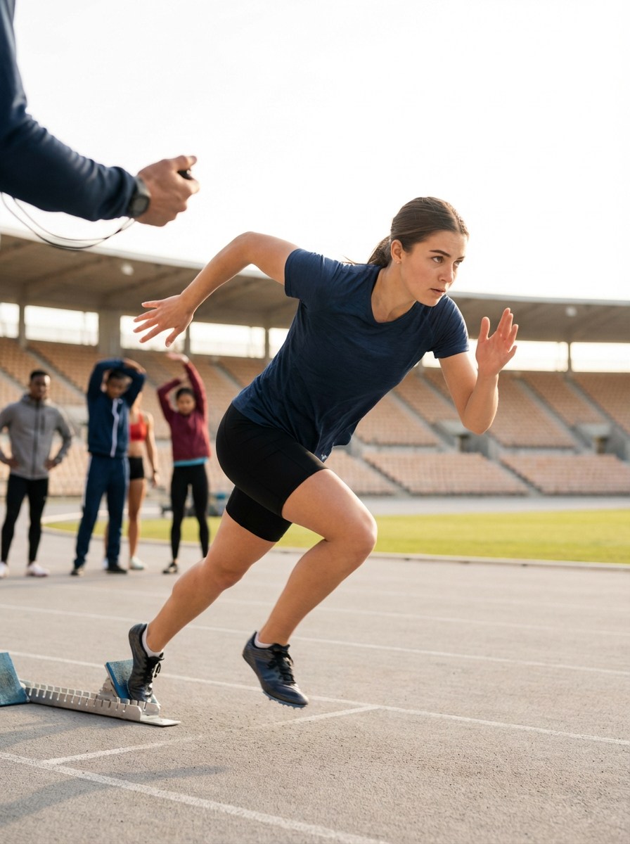 A female athlete in a blue shirt and black shorts is starting a sprint on a running track at a stadium, with a coach or trainer and other people watching in the background.
