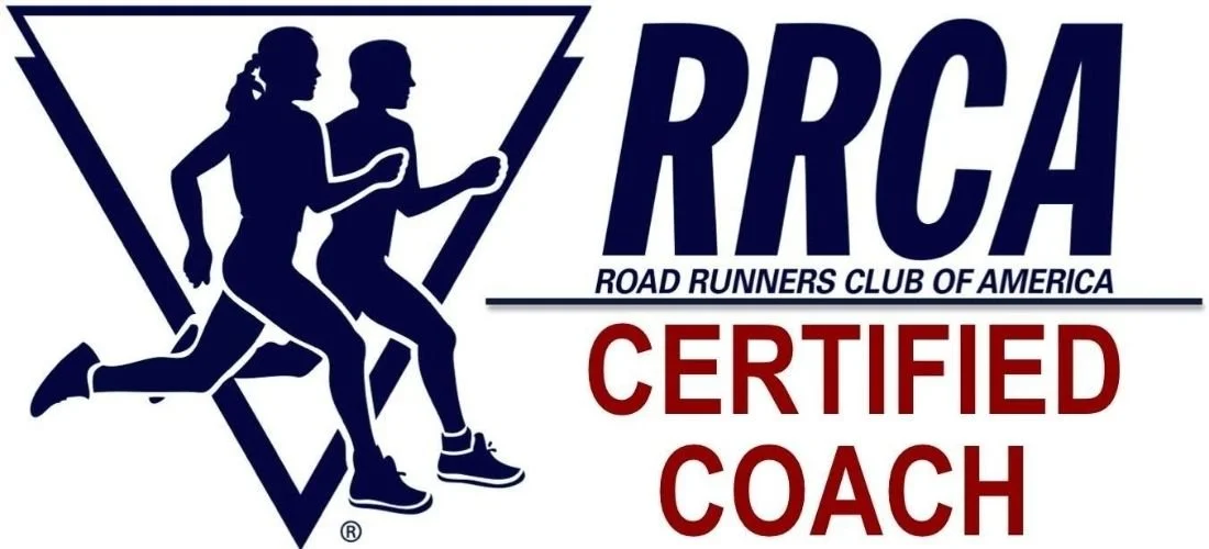 Logo with two running figures, the text "RRCA Road Runners Club of America Certified Coach" in navy blue and red.