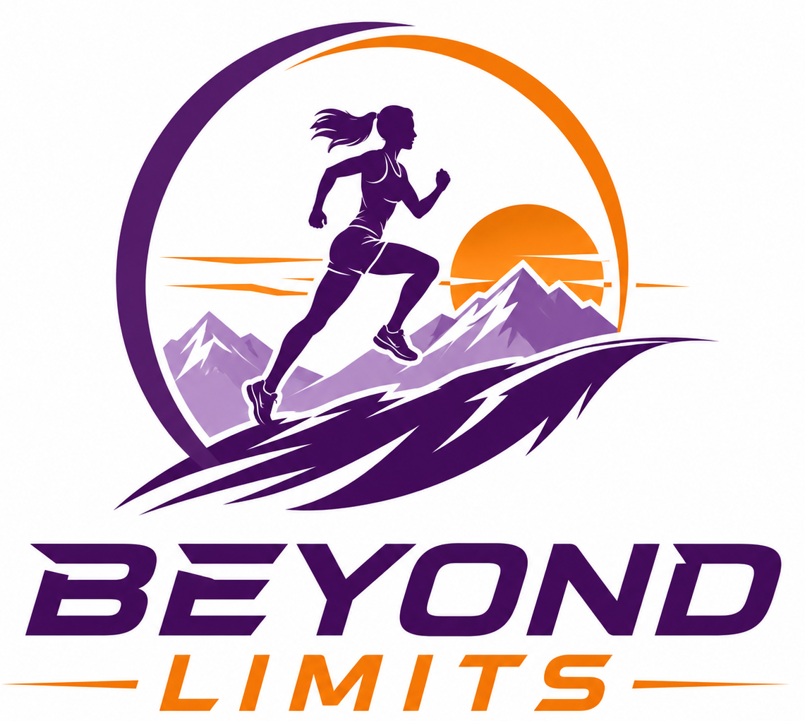 Silhouette of a woman running with a mountain landscape and setting sun in the background, with the words 'Beyond Limits' below.