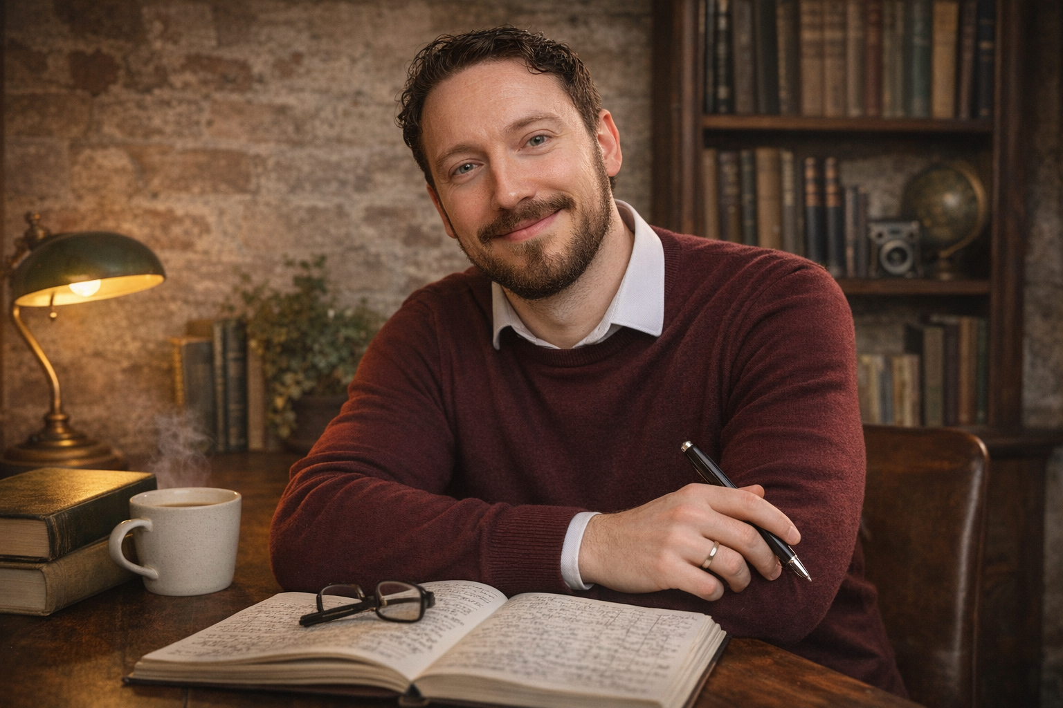 A man sitting at a desk with an open journal, a cup of coffee, a pair of glasses, and a pen, smiling at the camera in a cozy, book-filled room.