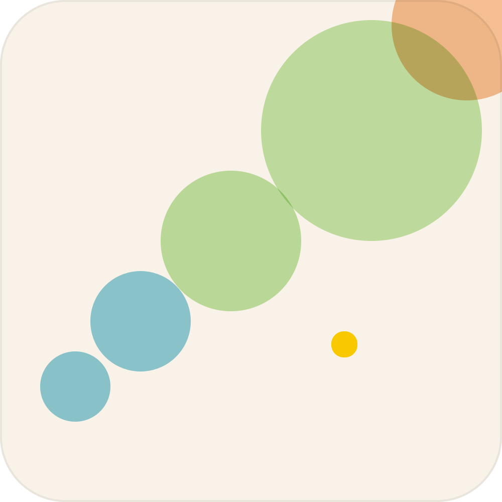Abstract image with overlapping circles in shades of green, blue, orange, and yellow on a light background.