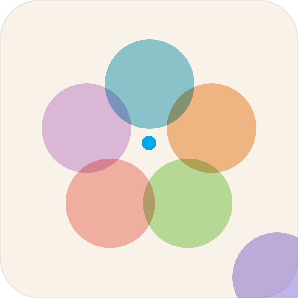 A color-coded Venn diagram with five overlapping circles in blue, purple, orange, red, and green, and a small blue circle in the center, set against a light beige background.