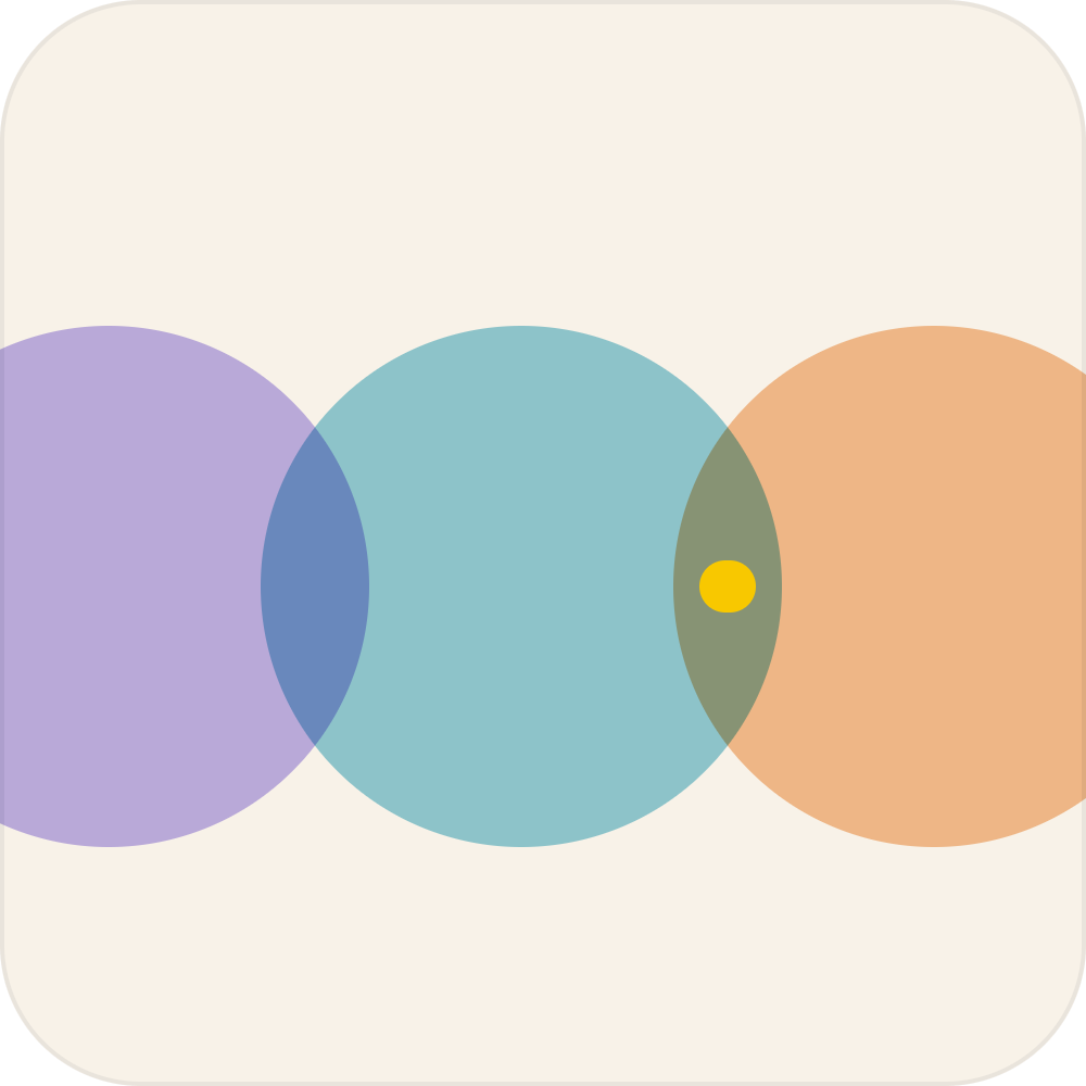 Overlapping colored circles in purple, blue, green, and orange with a yellow dot, on a beige background.