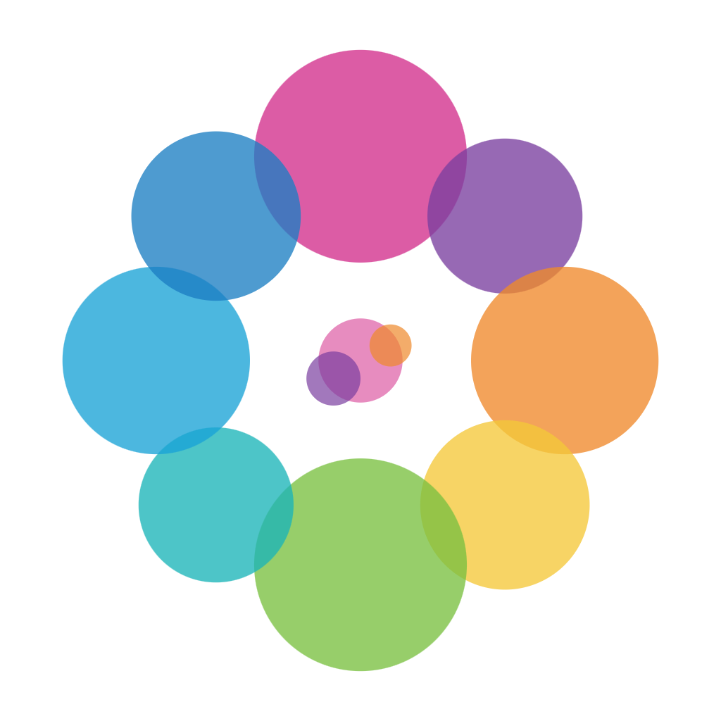Colorful abstract geometric pattern with overlapping translucent hexagons in blue, pink, purple, orange, yellow, and green.