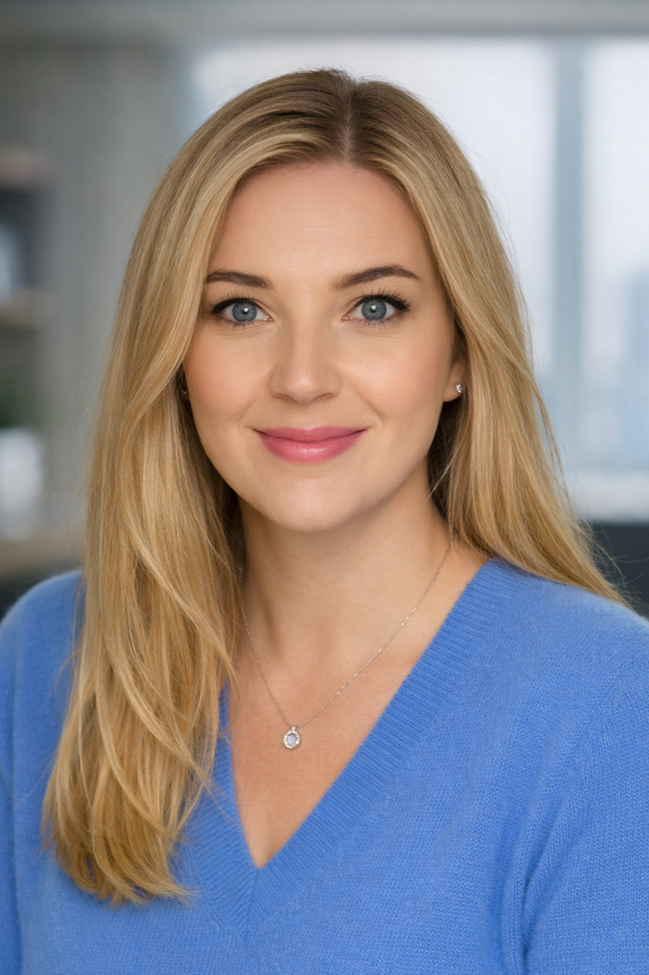 Portrait of a young woman with long blonde hair wearing a blue top and a silver necklace, smiling at the camera in a well-lit indoor setting.