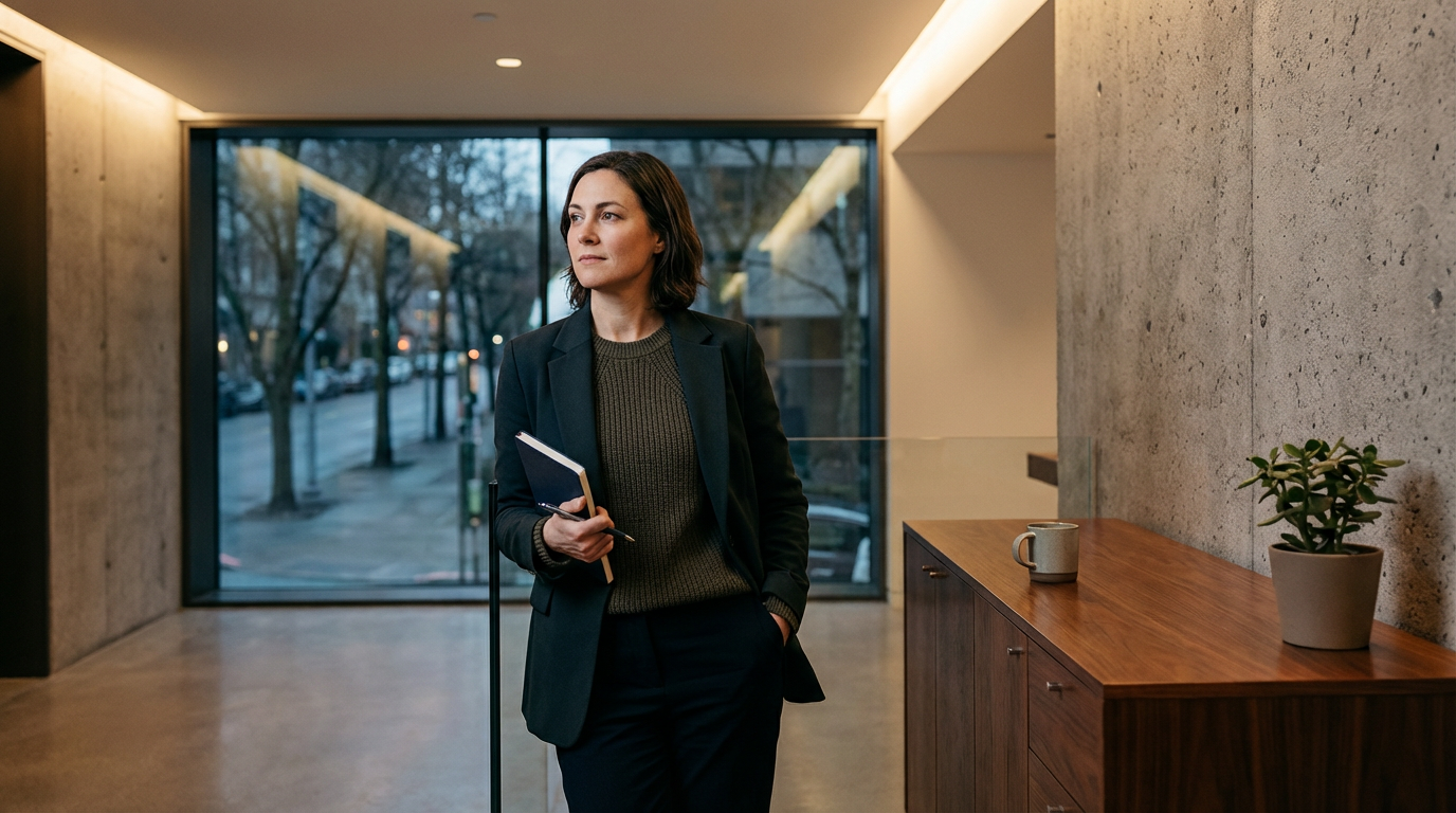 A woman in a black blazer and green sweater standing in a modern office lobby holding a notebook and pen, with large window overlooking a city street.