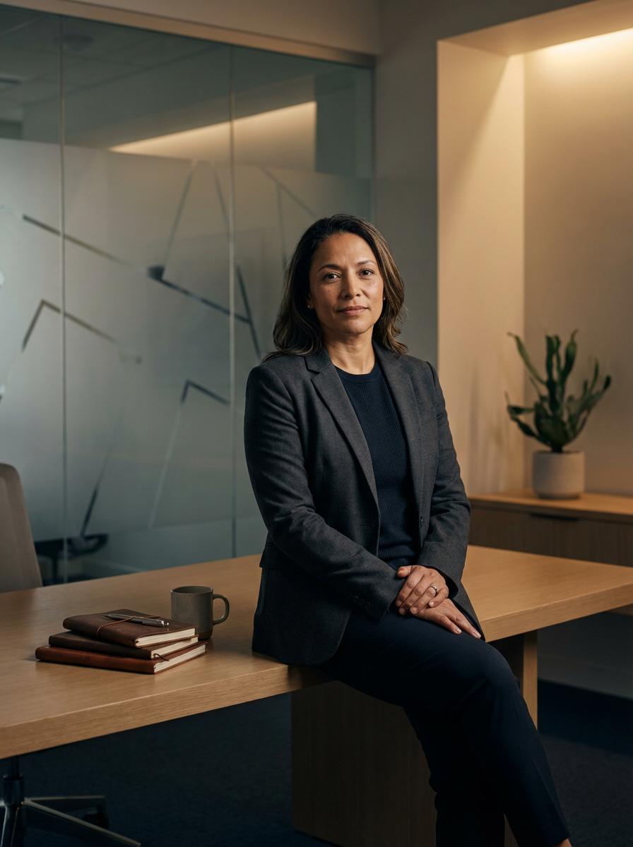 A woman in a dark suit sitting on a wooden conference table in a modern office, with notebooks, a mug, and a plant in the background.