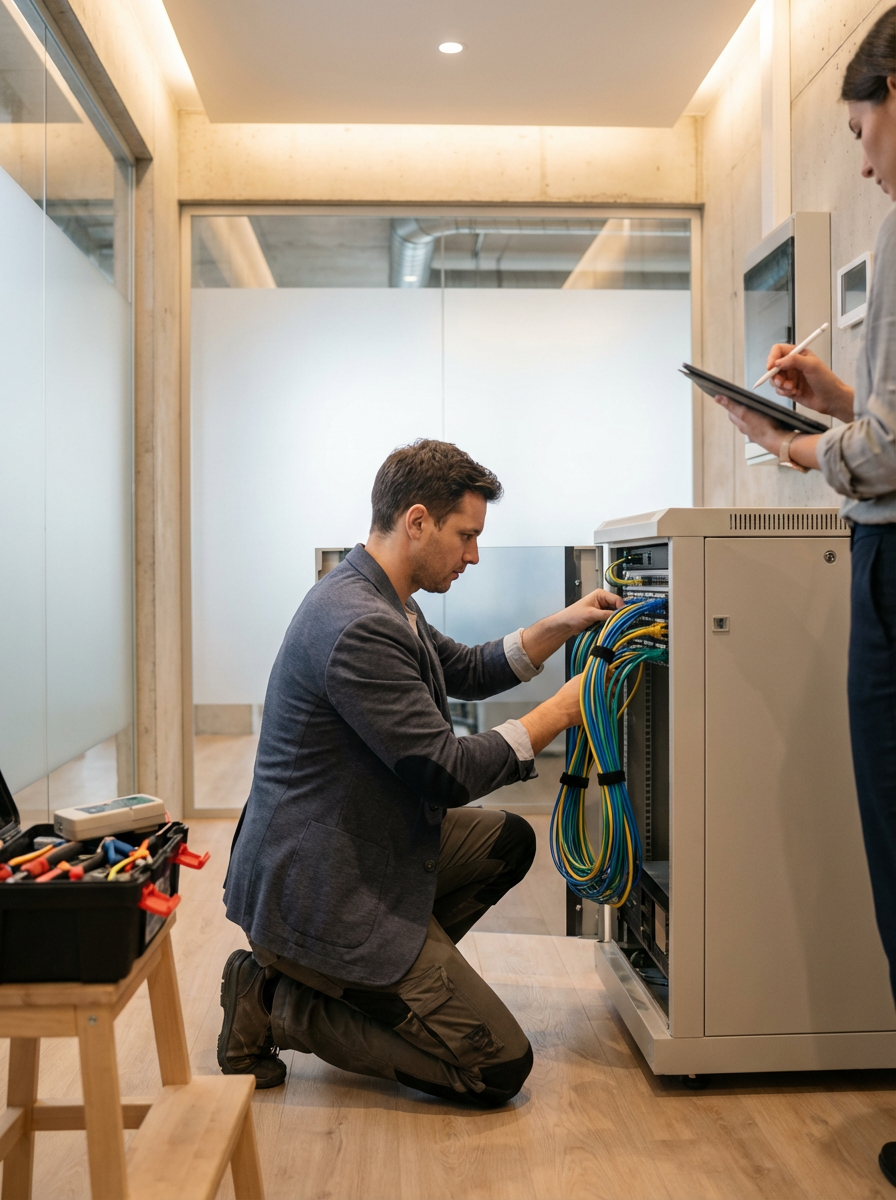 A man kneeling in front of a server rack, working on networking cables, while a woman stands nearby taking notes.