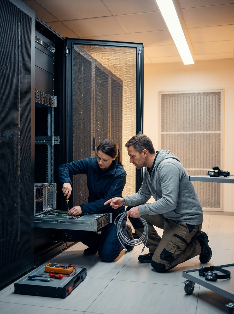 Two technicians working on a server rack in a data center, with tools and equipment around them.
