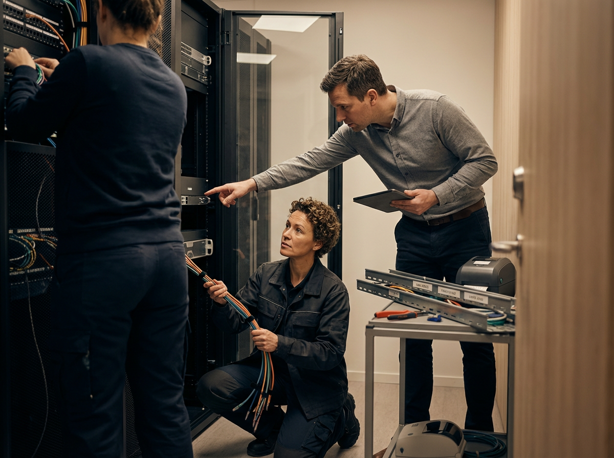 Three IT technicians working on a server cluster in a data center. One person is standing and adjusting equipment, a woman is kneeling and holding cables, while another man is pointing at a server component and holding a tablet, with tools and equipm