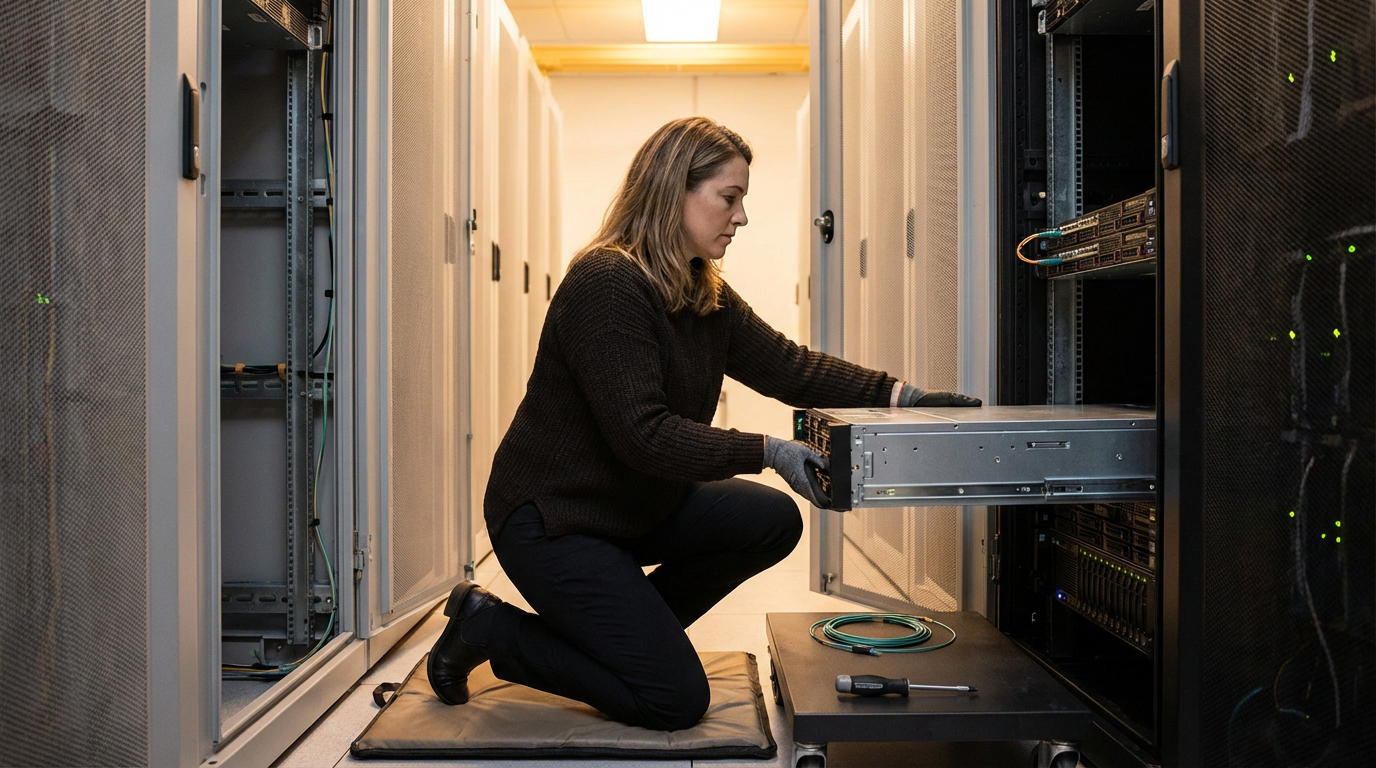 A woman kneeling on a mat, working on a server in a data center, with tools and cables next to her.
