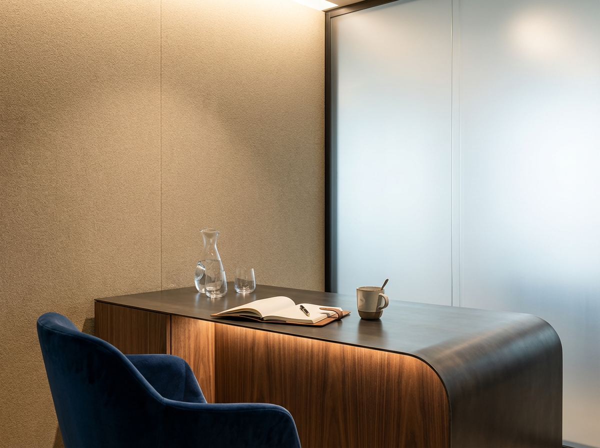 Modern office desk with an open notebook, a pen, a mug with a spoon, a glass water pitcher, and a glass on a wood desk, next to a blue upholstered chair, in front of a textured beige wall and frosted glass wall.