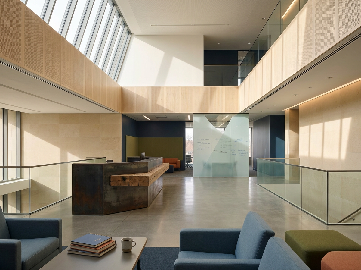 Modern office lobby with a reception desk, blue and green seating, large windows, and a staircase railing.