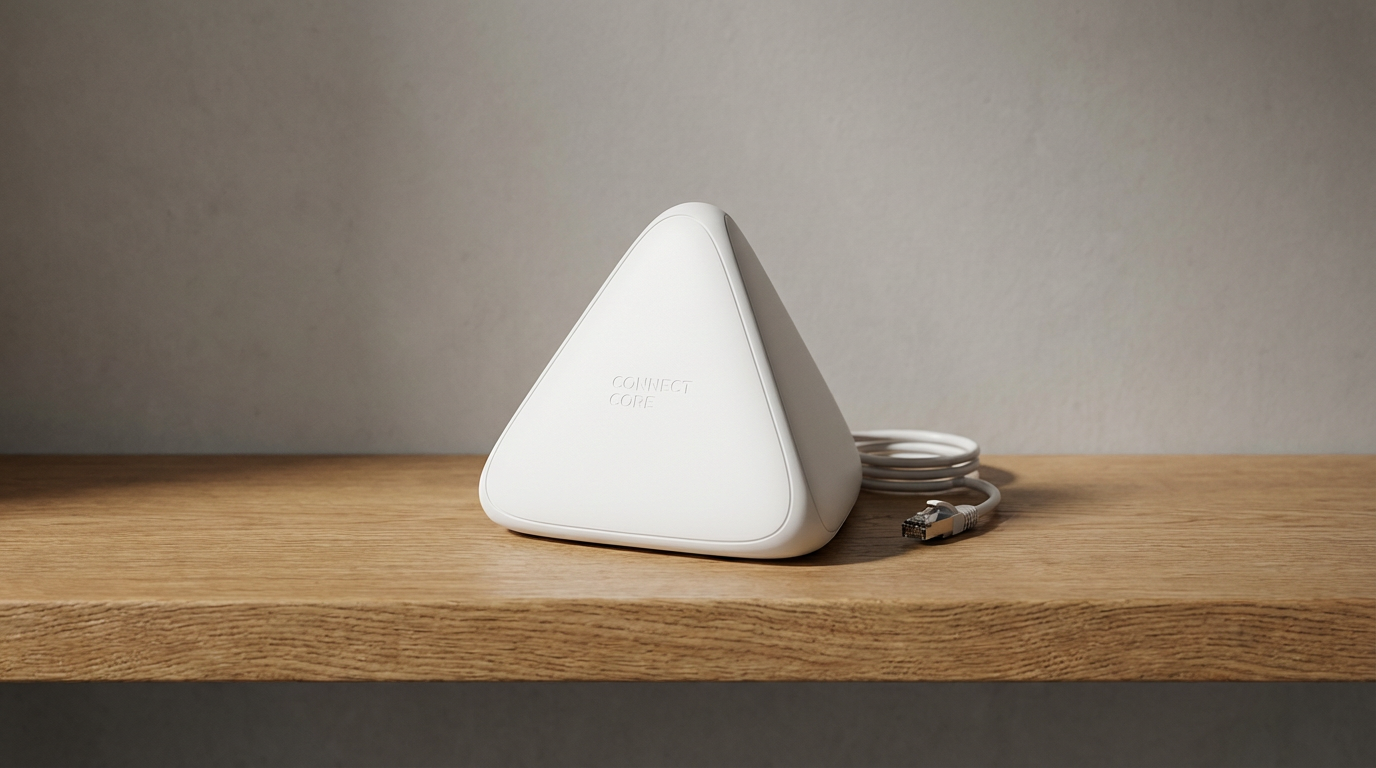 White triangular electronic device with the text 'CONNECT CORE' on the front, placed on a wooden surface with a coiled white cable next to it.