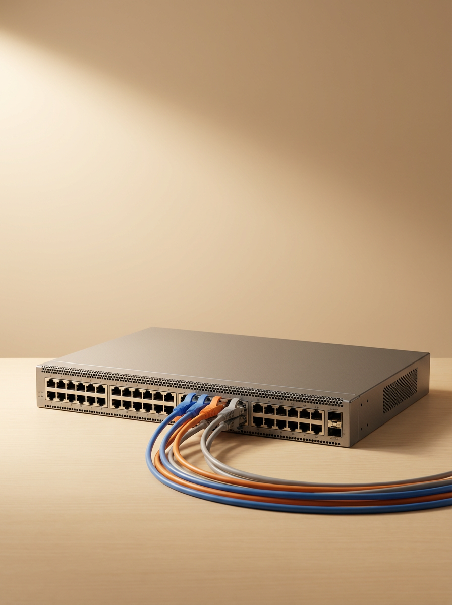 A network switch with multiple Ethernet cables plugged in, placed on a wooden surface.
